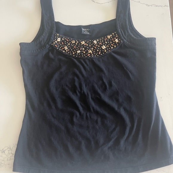 Tribal Black Scoop Neck Bead Embellished Tank - Picture 4 of 6